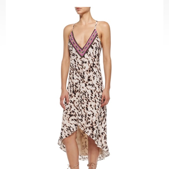 Haute Hippie Dresses & Skirts - Haute Hippie leopard print embroidered vneck 100% silk crisscross S midi dress